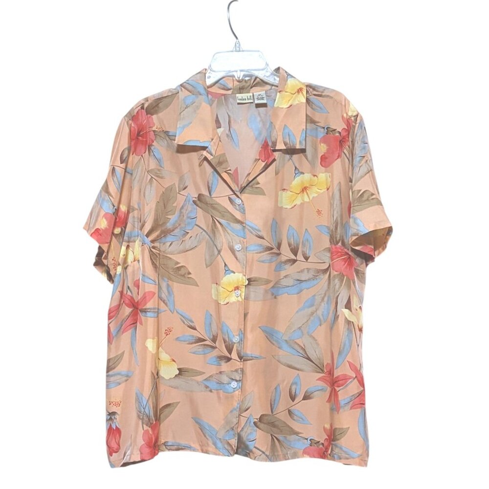 Linden Hill Silk Blouse 2X Loop Collar Hibiscus Tropical Resort 100% Silk